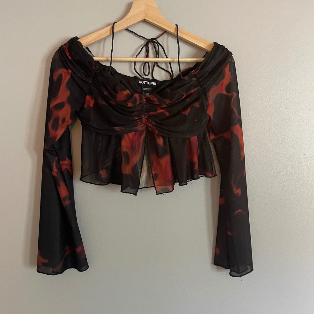 Hot Topic Mesh Crop Top Womens SM Black Red Flame Ruched Halter Goth Grunge